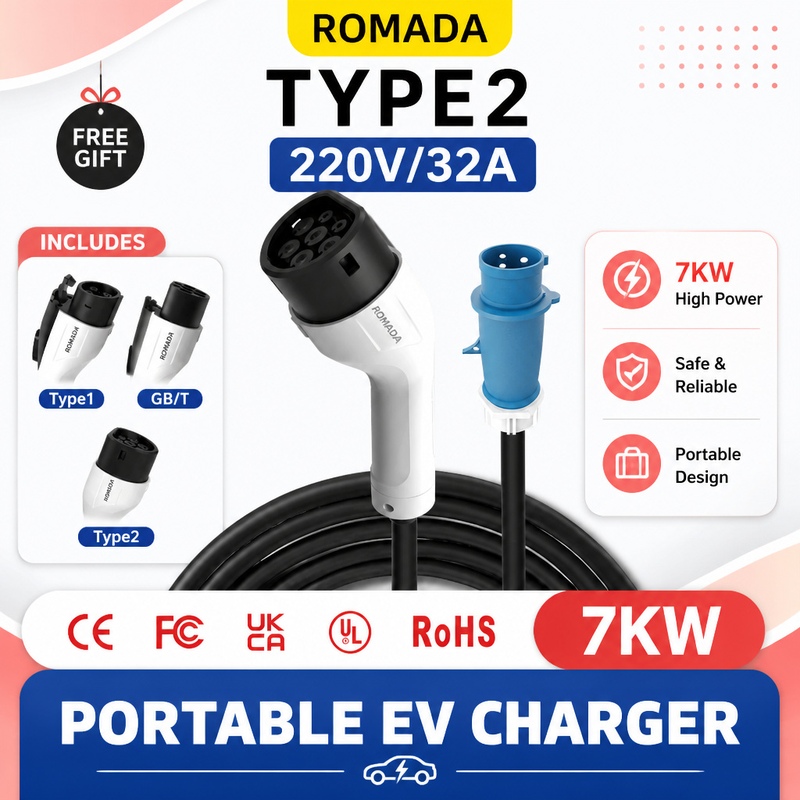 7kW ROMADA 전기차 휴대용 충전기, GBT Ty - Portable Ev Charger 32A Type 2 Cee Plug 리뷰 및 가격